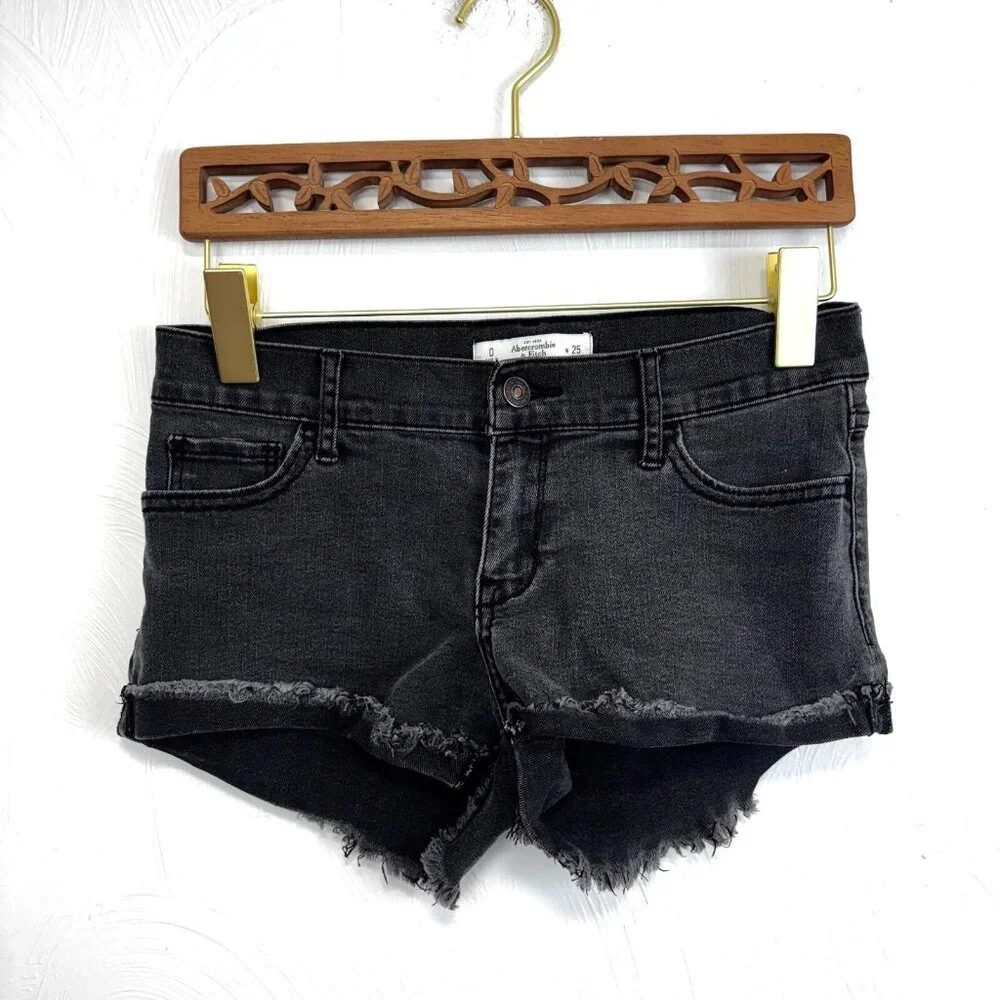 Abercrombie & Fitch Jean Shorts Cutoff Black Denim Solid Casual Dark Wash Womens - Picture 1 of 5
